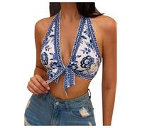 OBASDFD Women's Bohemian Floral Graphic Halter Top Knot Front Backless Bikini Cover Up Tops(Blue And White,S)