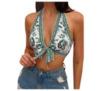 OBASDFD Women's Bohemian Floral Graphic Halter Top Knot Front Backless Bikini Cover Up Tops(Green,S)