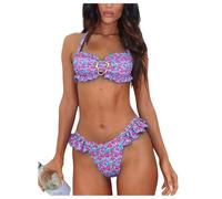 OBASDFD Women's Floral Boho Bikini Set Ruffle Bathing Suit Metal Ring High Waisted Hipster Swimsuit(Medium)