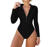 OBASDFD Women's Plain Swimsuit with Zip Front, Surf Swimwear, Full Body with High Collar And Long Sleeves, BU1, XL(Bu2,S)