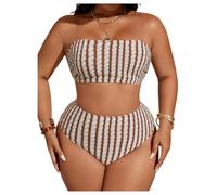 OBASDFD Women's Plus Size 2 Piece High Waist Bikini Set Striped Bandeau Top Tummy Control Bathing Suits Swimwear(Brown,Large Plus)