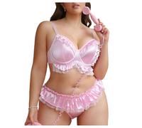 OBASDFD Women's Plus Size 2 Piece Satin Lingerie Set Ruffle Underwire Bra And Frilly Panties Sets Pink 3X-Large Plus(4X-Large Plus)