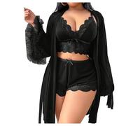 OBASDFD Women's Plus Size Lingerie Set Lace Ribbed Bra And Panty with Long Sleeve Sheer Kimono Robe Sets Maroon 3X-Large Plus(Black,3X-Large Plus)