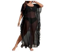 OBASDFD Women's Plus Size Ruffle Mesh Sheer Swimsuit Coverup See Through Dolman Sleeve Beach Dress Black X-Large(XX-Large Plus)