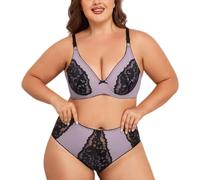 OBASDFD Women's Plus Size Wireless Floral Lace Bra And Panty Set, Sexy V Neck 3/4 Cup Comfort 2-Piece, L Green(Lavender,XXXXX)