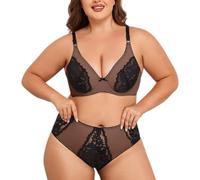 OBASDFD Women's Plus Size Wireless Floral Lace Bra And Panty Set, Sexy V Neck 3/4 Cup Comfort 2-Piece, L Green(Brown,XXXX)