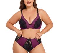 OBASDFD Women's Plus Size Wireless Floral Lace Bra And Panty Set, Sexy V Neck 3/4 Cup Comfort 2-Piece, L Green(Magenta,XX)