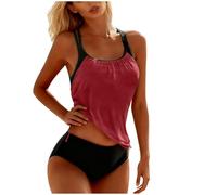 OBASDFD Womens Scoop Neck Tankini Swimsuits Push Up Color Block Double Strap Swim Top High Waisted Tummy Control Bathing Suits(Watermelon Red,XXL)