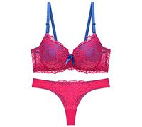 OBASDFD Women's Sexy Thin Cup Lace Bra Set Shaped Push Up Underwear Set, Red, S/80BC(Blue,42B-C XL)