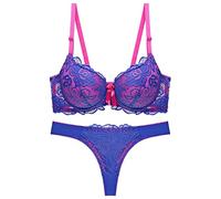OBASDFD Women's Sexy Thin Cup Lace Bra Set Shaped Push Up Underwear Set, Red, S/80BC(Blue,M/85BC)