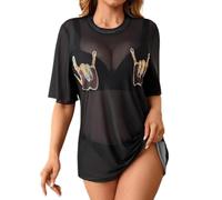 OBASDFD Women's Skeleton Sheer Mesh See Through Short Sleeve Swimsuit Cover Up Tops Black And Purple Medium(Black And Orange,X-Large)