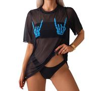 OBASDFD Women's Skeleton Sheer Mesh See Through Short Sleeve Swimsuit Cover Up Tops Black And Purple Medium(Black And Blue,X-Large)