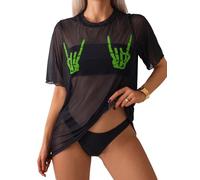 OBASDFD Women's Skeleton Sheer Mesh See Through Short Sleeve Swimsuit Cover Up Tops Black And Purple Medium(Black And Green,XS)