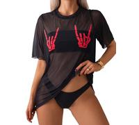 OBASDFD Women's Skeleton Sheer Mesh See Through Short Sleeve Swimsuit Cover Up Tops Black And Purple Medium(Black And Red,XS)