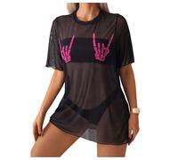 OBASDFD Women's Skeleton Sheer Mesh See Through Short Sleeve Swimsuit Cover Up Tops Black And Purple Medium(Black,X-Large)