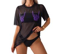 OBASDFD Women's Skeleton Sheer Mesh See Through Short Sleeve Swimsuit Cover Up Tops Black And Purple Medium(Black And Purple,XS)