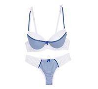 OBASDFD Women's Stripes Lace Push-Up Bra And Thong Set Underwire Lingerie Set Black(Blue,36E)