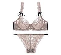 OBASDFD Women's Thin Transparent Lace Bra And Panty Set(Coffee,36B)