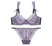 OBASDFD Women's Thin Transparent Lace Bra And Panty Set(Purple,38C)