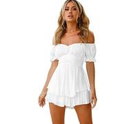 OBEEII Abito da donna Boho senza spalle con stampa floreale, scollo a schiena fisso, orlo increspato, tuta in chiffon, bianco, L
