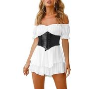 OBEEII Abito da donna Boho senza spalle con stampa floreale, scollo a schiena fisso, orlo increspato, tuta in chiffon, Bianco D., L
