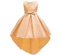 OBEEII Abito da Principessa con Ricamo Floreale Asimmetrico Hi-Lo Senza Maniche Elegante Vestito da Cerimonia Sposa Sera Prima Comunione Damigella Bambina Cocktail Prom per Ragazze 7-8 Anni Oro
