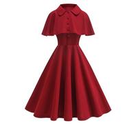 OBEEII Abito da sera da donna vintage anni '50 a maniche corte con bottone verso l'alto per raccogliere la vita swing abito da cocktail matrimonio festivo al ginocchio abito da sera, Colore: rosso