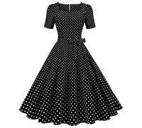 OBEEII Audrey Hepburn Pin-up Rockabilly Swing a pois manica corta elegante e chic, Nero , M