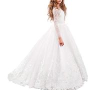 OBEEII Bambina Abito in Pizzo a Maniche Lunghe Elegante Vestito da Principessa Cerimonia Sera Sposa Prima Comunione Damigella Bambina Cocktail Prom per Ragazze 8-9 Anni Bianco