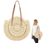Obelunrp Borsa da Spiaggia di Paglia, Borsa a Tracolla in Paglia Intrecciata a Mano, Borsa in Spiaggia Rotonda, Borsa Estiva per Le Donne Accessori per Spiaggia (Beige)
