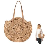 Obelunrp Borsa da Spiaggia di Paglia, Borsa a Tracolla in Paglia Intrecciata a Mano, Borsa in Spiaggia Rotonda, Borsa Estiva per Le Donne Accessori per Spiaggia (Kaki)