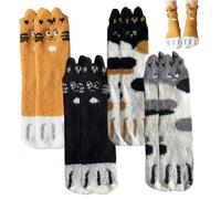 Obelunrp Calzini per gatti da donna 4 paia di calzini termici a di gatto con espressioni Simpatiche pantofole invernali in velluto corallo per la casa, ornamenti per esterni