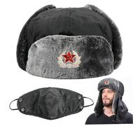 Obelunrp Cappello da Trapper con Maschera Staccabile Cappello Russo Termico Antivento Impermeabile con Distintivo in Pelle Sintetica Taglia Libera Unisex Russo per Esterno, Decorazione Domestica
