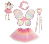 Obelunrp Costume da fata per ragazze, 1 set gonna da principessa in tulle per bambini con ala di farfalla, bacchetta magica e fascia di piume per feste cosplay