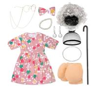 Obelunrp Costume da vecchia signora per bambini, set completo da nonna, costume per il centenario della scuola - Pois floreali, taglia S, nonna, vecchia signora per bambini