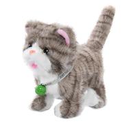 Obelunrp Gatto Peluche, Peluche Gatto interattivo che cammina, parla e canta con luci colorate, Animale domestico elettronico realistico per bambini (strisce grigio chiaro), Decorazione del giardino