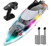 OBEST Barca Telecomandata con Luci a LED, 30 + km/h, Barca da Corsa RC, 2,4 GHz, Giocattolo Acquatico Popolare Regalo per Ragazzi e Ragazze, 2 Batterie