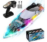OBEST Barca Telecomandata con Luci a LED, Motoscafo Squalo RC 30+KM/h, Barca Competitiva a 2,4 GHz, Allarme di Bassa Potenza, Regalo Preferito da Ragazzi e Ragazze per i Giocattoli Acquatici
