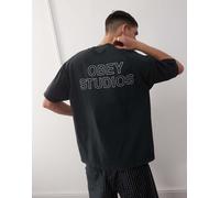 Obey - Studios - T-shirt nero vintage pigmentato autentico con stampa del logo sul retro M