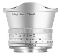 Obiettivo TTArtisan APS-C 7,5mm F/2.0 con attacco Sony E, colore argento.