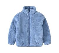 OBiQuzz Giacca in pile per bambini, calda, invernale, foderata in pile, leggera, in flanella, con colletto alto, in tinta unita, con chiusura lampo, per tutti i giorni e casual, Blu, 150