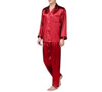 OBiQuzz Pigiama da uomo in raso, lungo, classico, in raso, con bottoni, in due pezzi, a maniche lunghe, pigiama, Colore: rosso, XXL