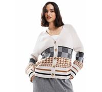 Object - Cardigan squadrato color avena con motivo astratto a intarsio-Bianco 42-44