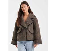 Object - Giacca stile aviatore in pile borg effetto teddy marrone con cuciture a contrasto-Nero 38