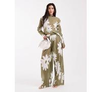 Object - Pantaloni plissé a fondo ampio oliva con stampa a fiori in coordinato-Verde 38