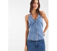 Object - Top di jeans allacciato al collo allacciato in vita lavaggio blu medio 38