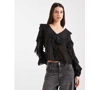 Object - Top nero con volant, scollo a V e maniche a balze 38