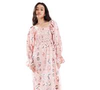 Object - Vestito grembiule midi rosa con stampa di pesci vintage-Multicolore 38