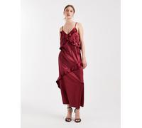 Object - Vestito lungo con spalline sottili bordeaux in raso con finiture con volant-Rosso 34