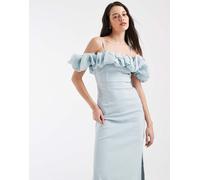 Object - Vestito lungo in raso blu tenue con spalle scoperte e volant 34